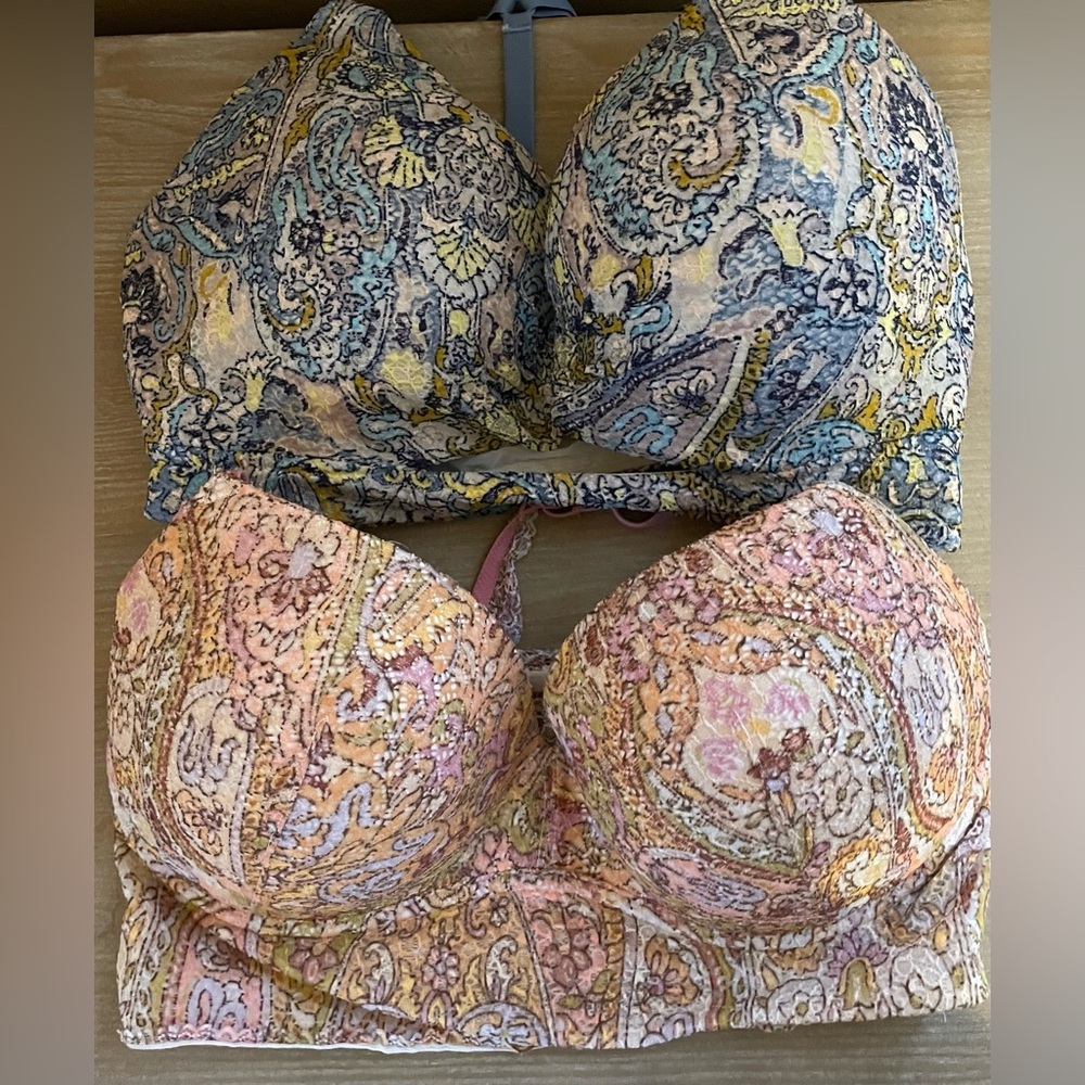 2 Body By Victoria 34DD Blue/Yellow Lace Padded No Wire Pullover Racerback